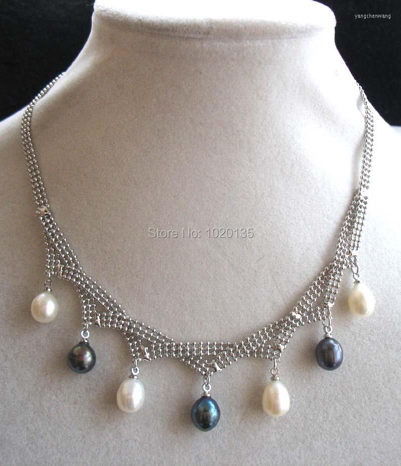 

Chains Wholesale Freshwater Pearl White Black Rice Necklace 8-9mm 18inch Nature GP Chain FPPJ