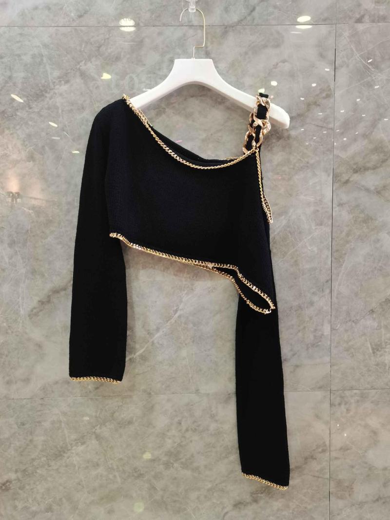 

Women' T Shirts Summer Off-the-shoulder Short Top With Gold Chain Trim, Black