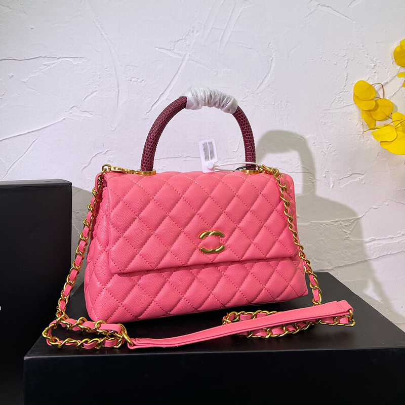 

Designer Womens Shoulder Bag With Top Handle Handbag Leather Ribbed Solid Color Fine Chain Diagonal Span Bag Gold Hardware Metal Buckle Caviar Bags Makeup Box 25/29cm