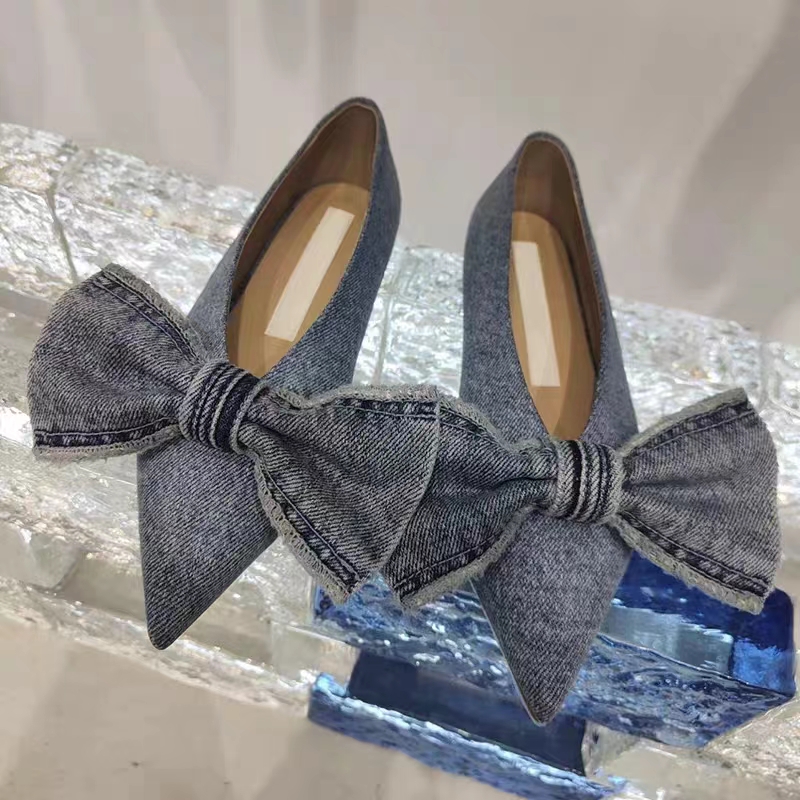 

Denim Slip On Single Shoes Women 2023 New Niche Pointed Toe Big Bow Flat Shoes For Women, Black
