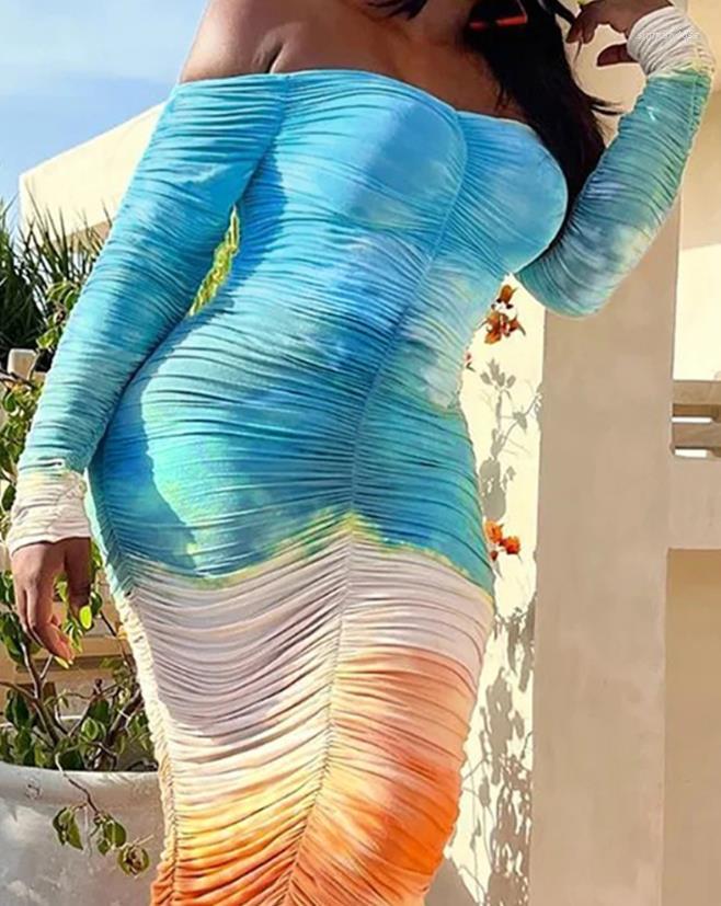 

Casual Dresses Elegant For Women 2023 Summer Sexy Tie Dye Print Off Shoulder Ruched Maxi Women's Dress Vacation Fashion