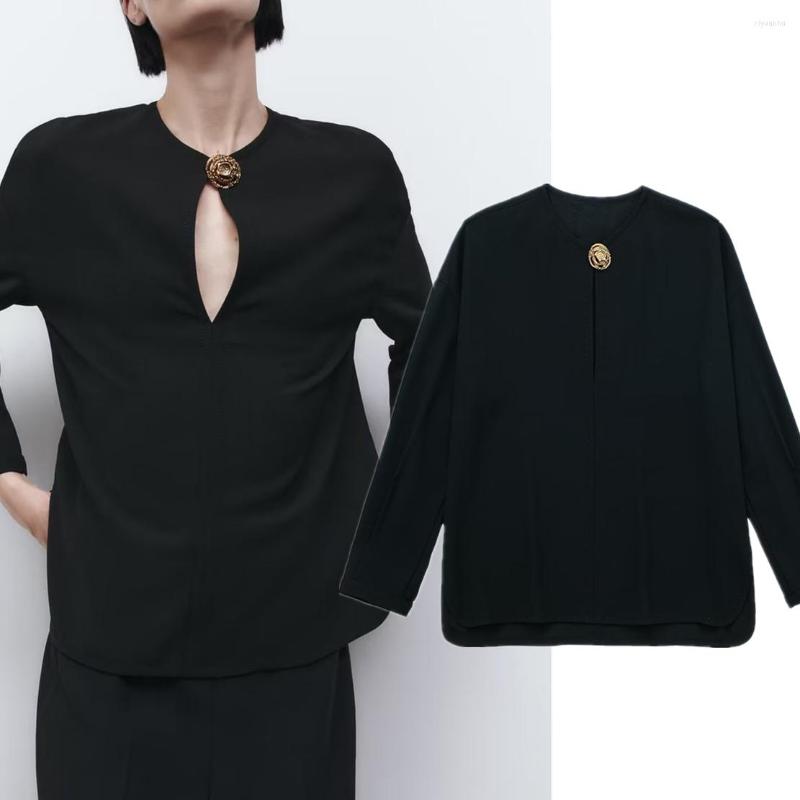 

Women's Blouses Elmsk Spring Black Blouse Women Fashion Gold Buttons Round Neck Casual Shirt Tops