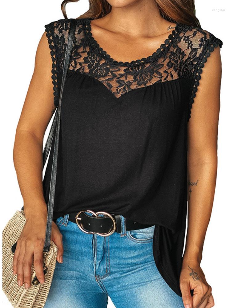 

Women's Tanks Women Sleeveless O Neck Solid Top Spring Summer Streetwear Casual Splice Loose Slip Lace Tank 2023, Black