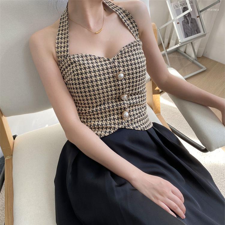 

Women' T Shirts EWSFV 2023 Summer Arrive Women Houndstooth Halter Slim Vest Top Strap Outer Wear Bottoming Off-the-Shoulder Short, Black and white
