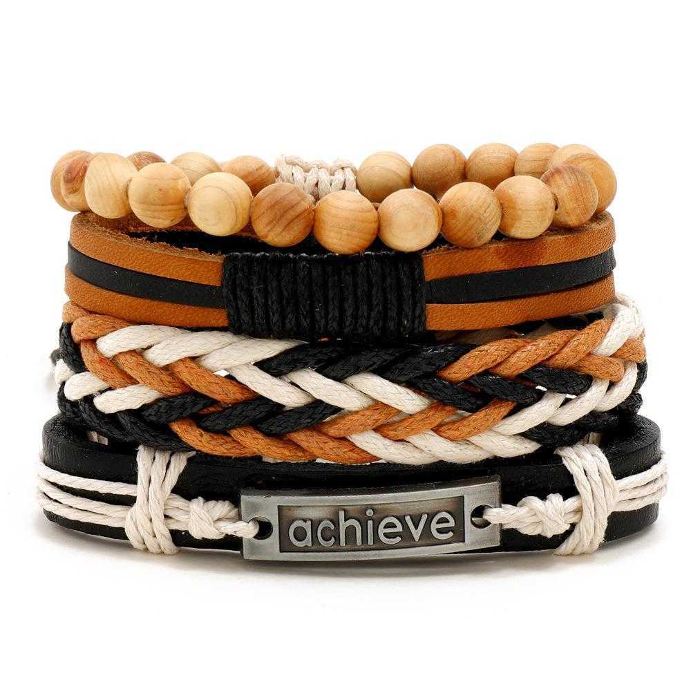 

Jewelry Simple Handmade Woven Leather Bracelet Diy Combination 4 Piece Set Mens