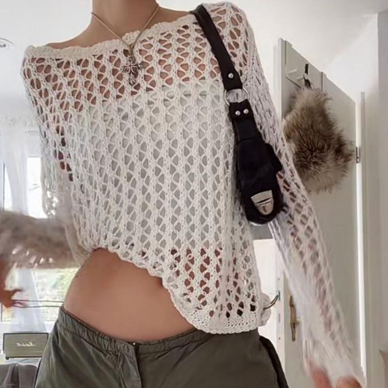 

Women' T Shirts 2023 Ins Long Sleeve Knitted Women Tops Y2K Beach Sexy Backless Hollow Out See Through Summer Fashion Basic Overall, Black