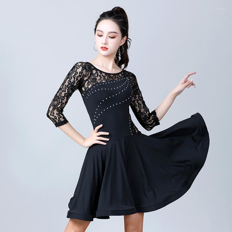 

Stage Wear Lace Women Latin Dance Dress Half Sleeve Modern Performance Clothes Girls' Diamond Ballroom Skirt Ice Silk, Black