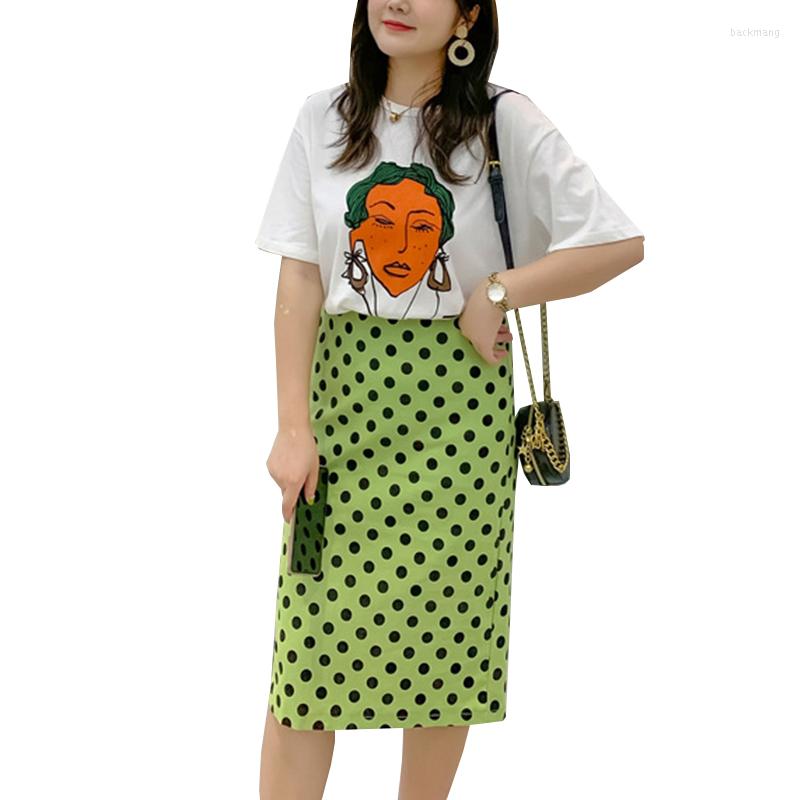 

Work Dresses Summer Two Piece Set Women Short Sleeve Print T Shirt Vintage Dot Green Midi Skirt 2 Sets And Top Lounge Wear