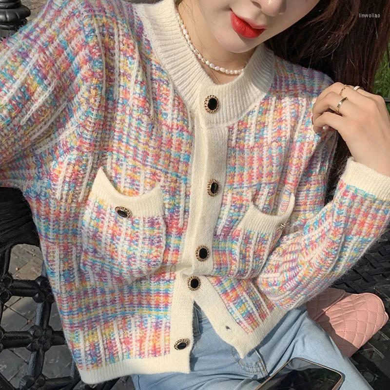 

Women' Jackets French Style Cropped Knitted Coat Rainbow Long Sleeve Women Clothing Sweet Cardigan Spring Autumn Sweater Jacket, Beige
