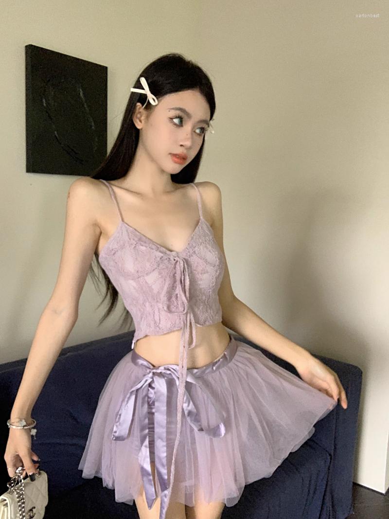 

Work Dresses Sweet Cool Girl Suit Women' Pure Sexy Short Strap Top Purple Fluffy A-line Mini Skirt Two-piece Set Fashion Female Clothes, 2pc set