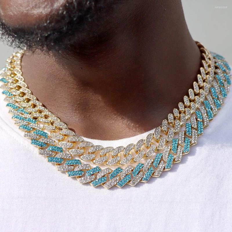 

Chains Men Iced Out Blue Cuban Link Chain Necklace Bling Gold Silver Color Metal Miami Choker Full Rhinestone Necklaces Hip Hop Jewelry
