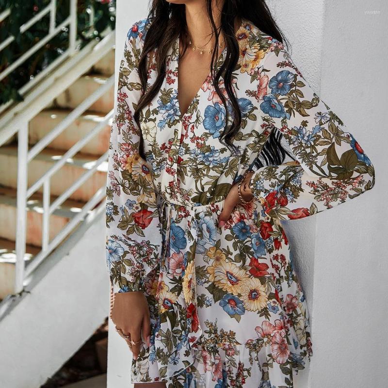

Casual Dresses Summer Chiffon Dress 2023 Spring Flower Print Cottagecore Women Full Sleeve Lace Up High Waist For, Black