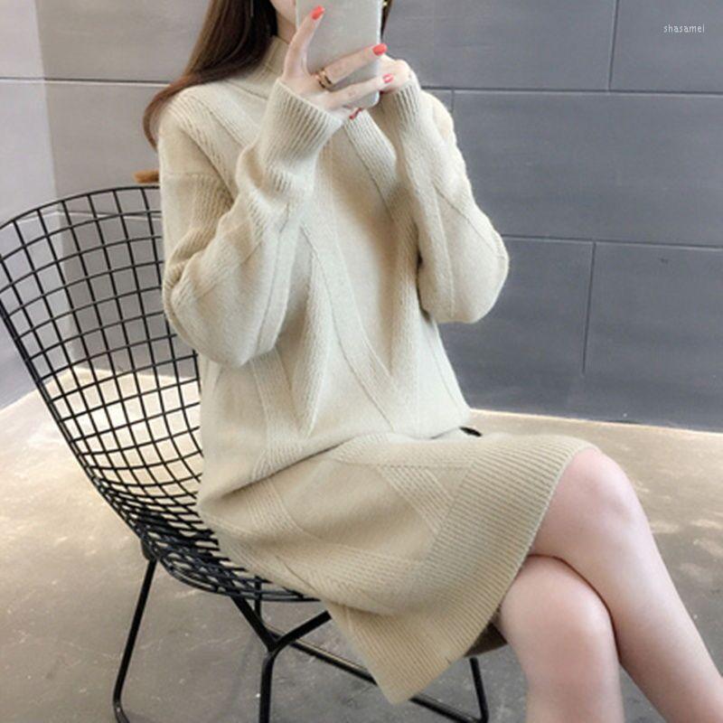

Casual Dresses Fashion Turtleneck Women Sweater Dress Winter Warm Female Pullovers Thick Sweaters Solid Knitted Office Lady, Green