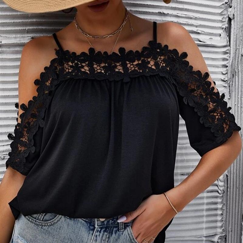

Women' Blouses Summer Elegant Black Lace Shirt Short Sleeve Off Shoulder Sexy Cotton Blouse Women Hollow Out Loose 2023 Lady Casual Tops
