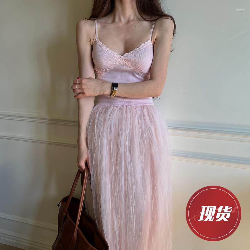 

Casual Dresses Korean Chic Summer French Gentle Wind V-neck Splicing Lace Closed Waist Mesh Gauze Peng Suspender Dress, Beige