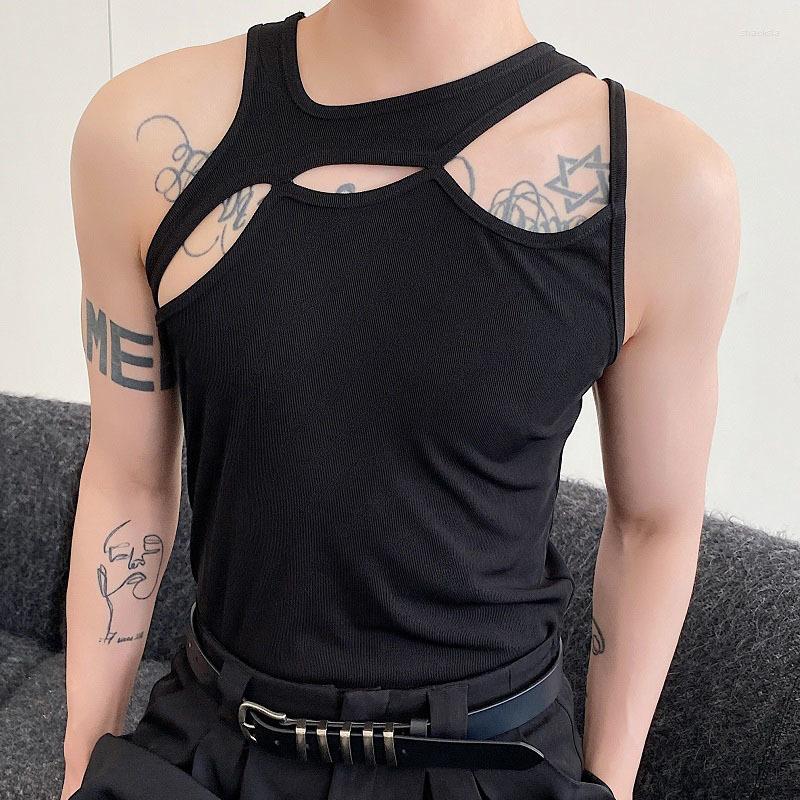 

Men's Tank Tops ERTH Sexy Men's Vest Personality Irregular Hollow Out Strap Design Sleeveless 2023 Solid Color Male Fashion, Black