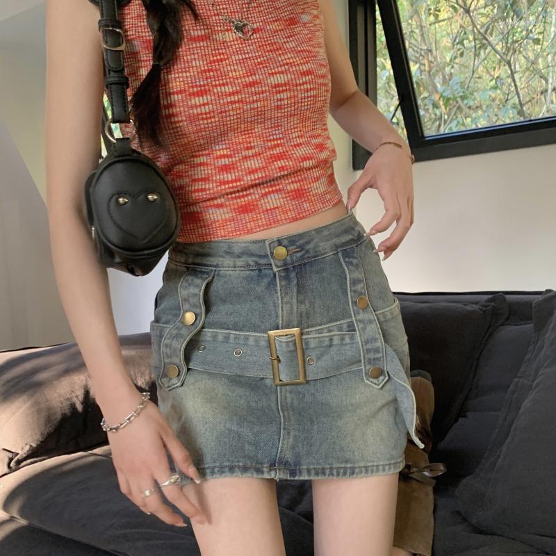 

Skirts DEEPTOWN Vintage Belt Denim Skirt Women Japanese Fashion A-line Distressed Sexy Slim Pencil Mini Summer Streetwear 90s, Blue