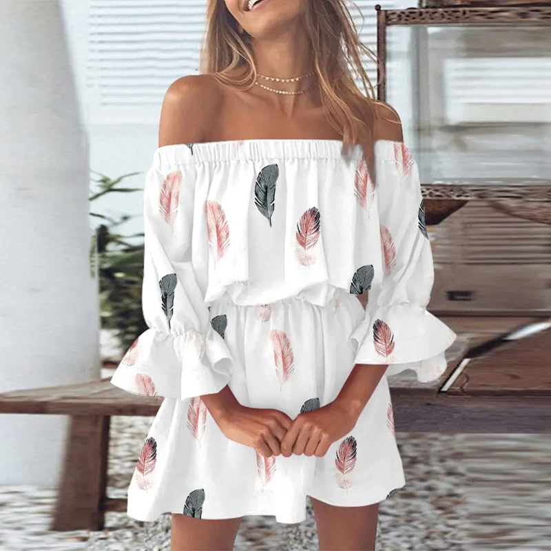 

Party Dresses Women Floral Print Mini Summer Sexy Off Shoulder Flare Sleeve Tunic Female Casual Boho Beach Vestidos 230508, Ea03522-white