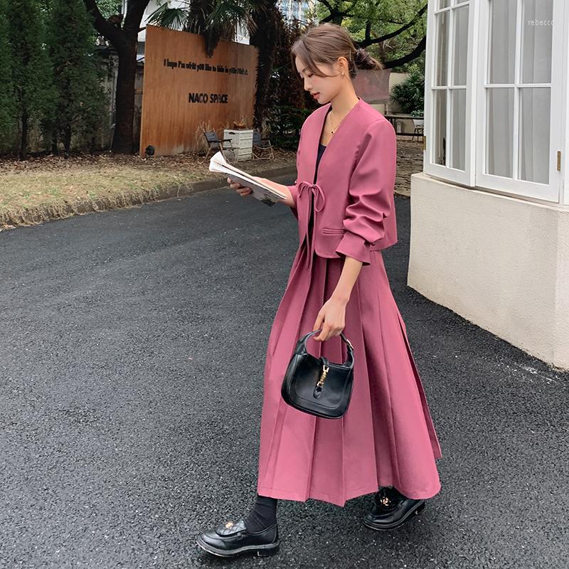 

Two Piece Dress Blazer Coat And Pleated Skirt Suits 2023 Spring Autumn Women Elegant Korean Style Loose Casual Short Jacket Sets 0992, Burgundy