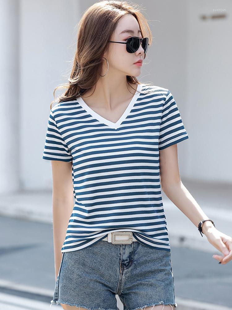 

Women' T Shirts V-Neck Striped Cotton Shirt Women Korean Fashion Woman Clothes Short Sleeve Tee Femme 2023 Summer Top Camisetas De Mujer, Black white striped