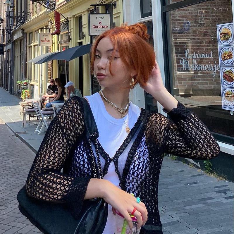 

Women' Knits MONMOIRA V-neck Hollow Out Single-breasted Knitted Cardigans Women Autumn Patchwork Lace Crop Tops Female Cws0730-5, Black