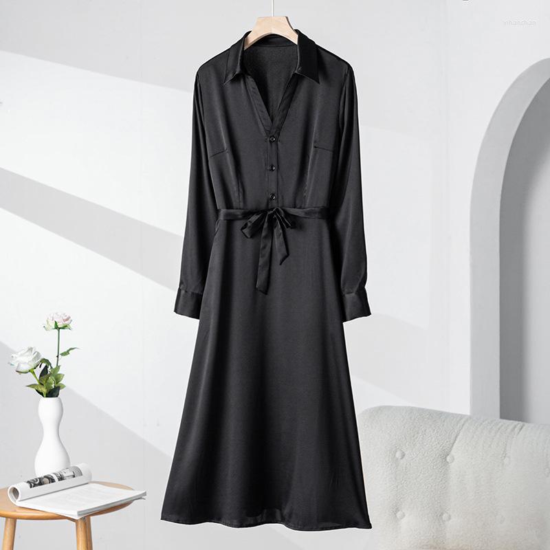 

Casual Dresses Heavy Silk Dress For Women 2023 Spring V-Neck Long Sleeve Mulberry Satin Black Skirt Medium Length