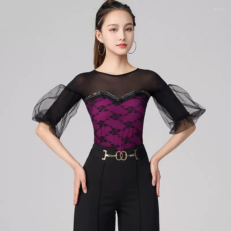 

Stage Wear Women Puff Sleeve Latin Dance Tops ChaCha Samba Dancing Clothes Ballroom Performance Dancewear Tango Waltz Practice DL10246, Blue
