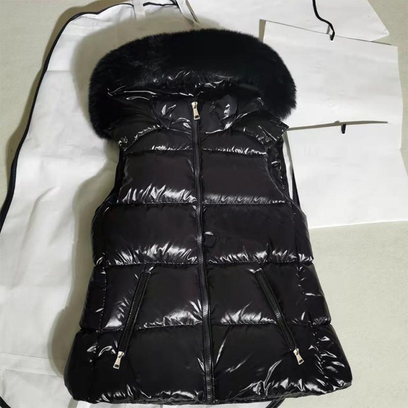

Leather Big Fur 2022 New Women Winter Vests Hooded Short Bright Color Vest Padded Sleeveless Coat Female Waterproof Thick Waistcoat, Dark blue