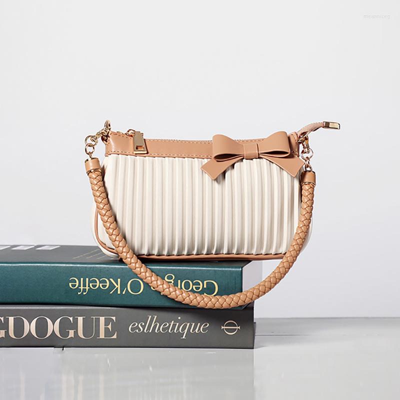 

Evening Bags PU Leather Bowknot Pleated Panelled Small Crossbody Bag Female Woven Strap Zipper Shoulder Fashion Elegant Beige Armpet, Picture shown