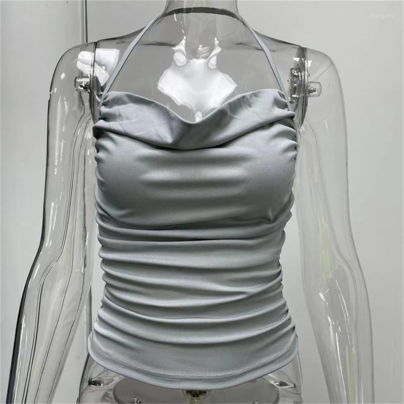 

Women's Tanks Women Vest Halter V Neck Backless Tank Top Sling Slim Fit Solid Color Ladies Sleeveleess Pleated Elegant Camisoles Female, White