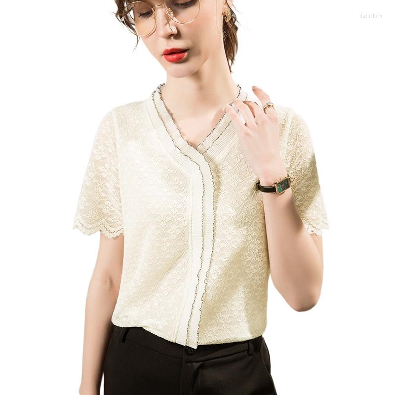 

Women's T Shirts 2023 Lace Bottoms Women Tops Short Sleeve Loose V-neck Casual Tees White Tshirts