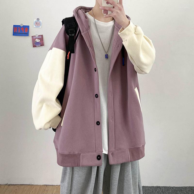 

Men' Jackets Mixed Color Youth Casual Mens Long Sleeve With Hooded Button Hong Kong Style Breathable Loose Men' Fashion Top, Rose red