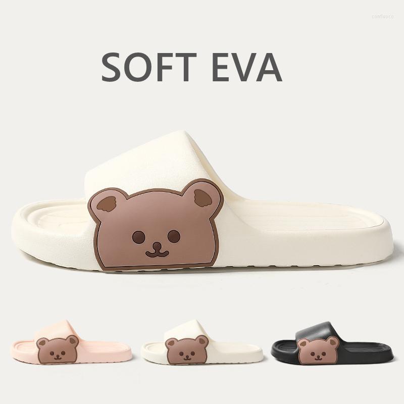 

Slippers Women Men Casual Flip Flops Cute Cartoon Bear Shoes Soft EVA Summer Beach Sandals Couples House Non Slip Slides, B-black