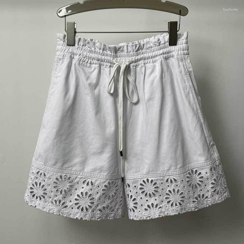 

Women's Shorts Vintage Cotton White Short Fashion Simple High Waist Hallow Out Embroidery Lace Up Design Elegant Women Solid Clothes
