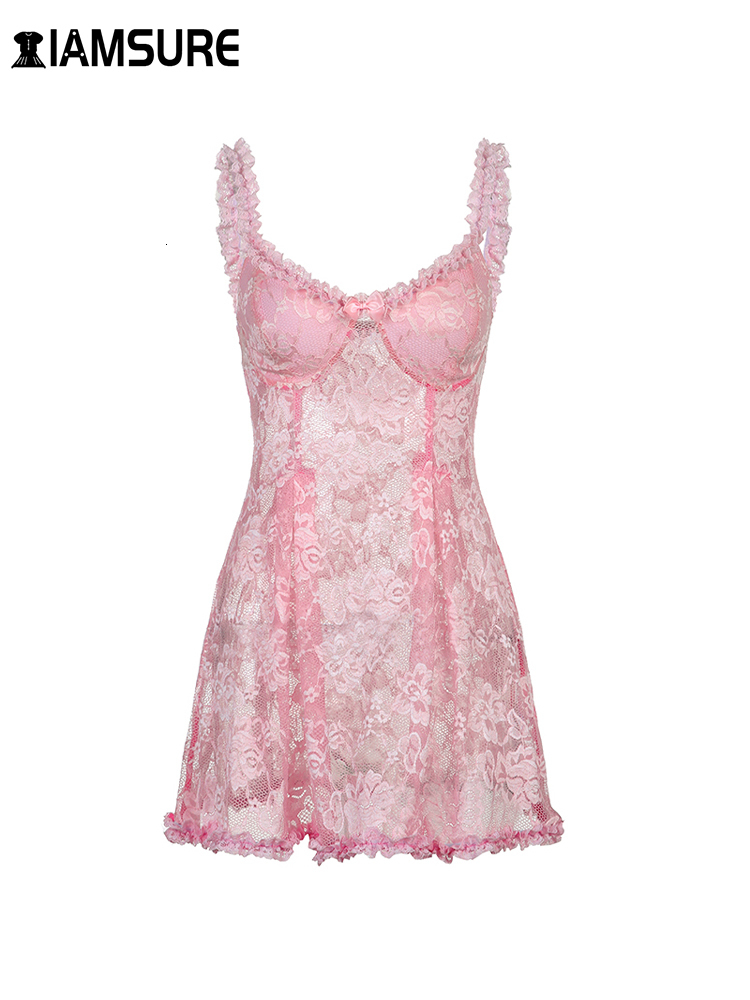 

Casual Dresses IAMSURE Sweet Cute Lace Cami Dress See Through Sexy Slim Sleeveless Ruffles Bow A-Line Mini Dresses For Women Summer Spring Lady 230508, Pink