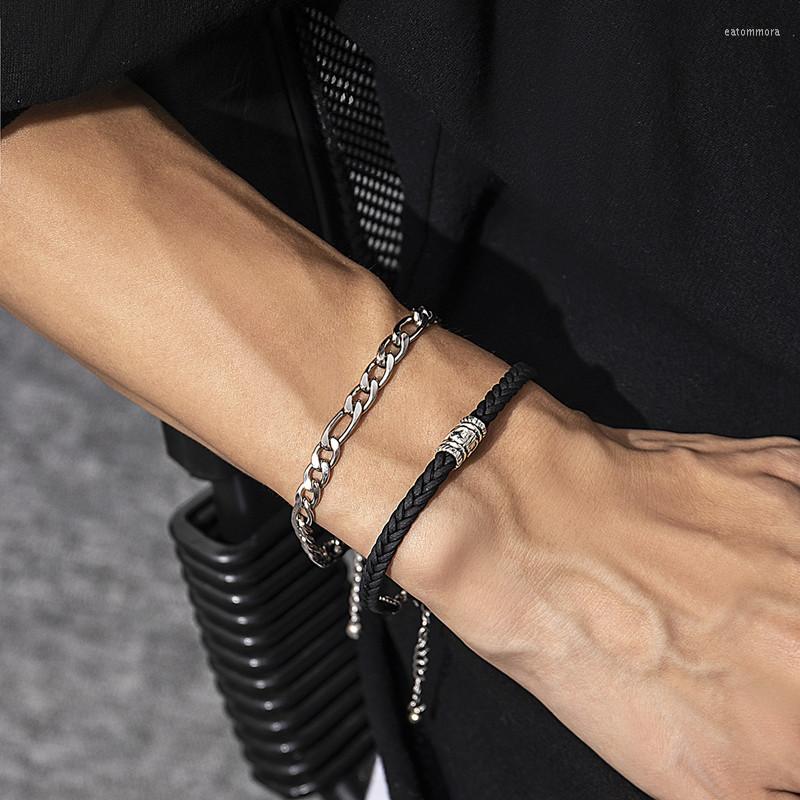 

Link Bracelets Trendy Men Leatherwear Weave Bracelet Leisure Color Contrast Stainless Steel Alloy Bangle Chain