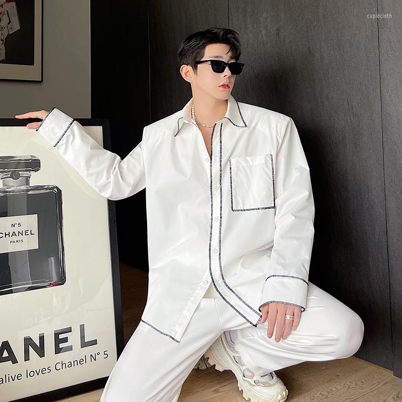 

Men's Casual Shirts Korean Fashion Blouse Tops For Men Solid Color Long Sleeve Patchwork Smart Comfortable Button Up Clothing P33, White