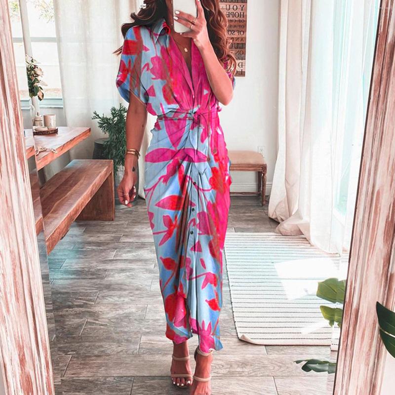 

Casual Dresses Elegant Women 2023 Summer Fashion Printed Short Sleeve Shirt Dress Vintage Waist Tie-up Button Bandage Long Robe, Green-b