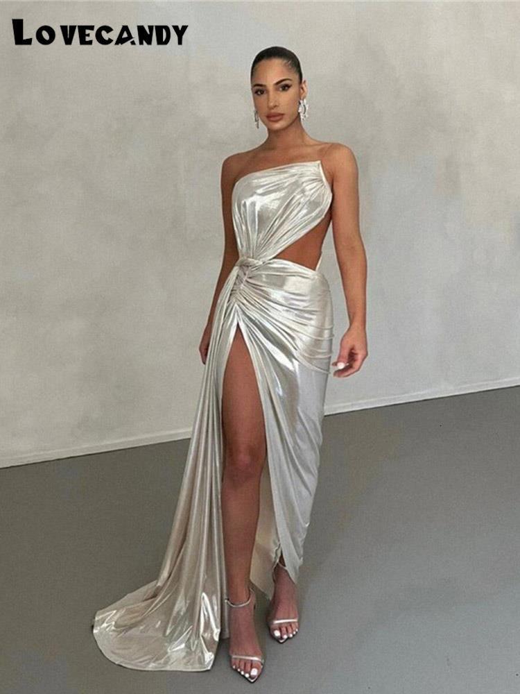 

Casual Dresses Gaun Panjang Celah Berongga Seksi Bodycon Berlipat Tanpa Tali Lengan Wanita Pakaian Pesta Elegan Musim Panas 230509, Beige