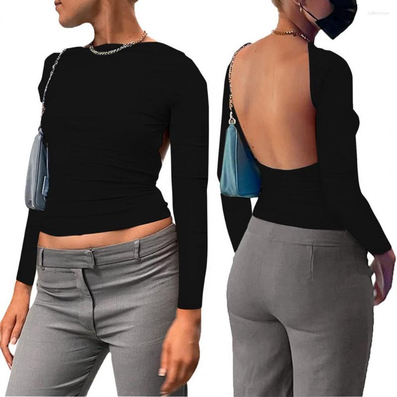 

Women' Blouses Women Summer Sexy Bodycon T-shirts Backless Long Sleeve Pullover Club Party Crop Tops O Neck Solid Color Y2K Female Clothes, Black