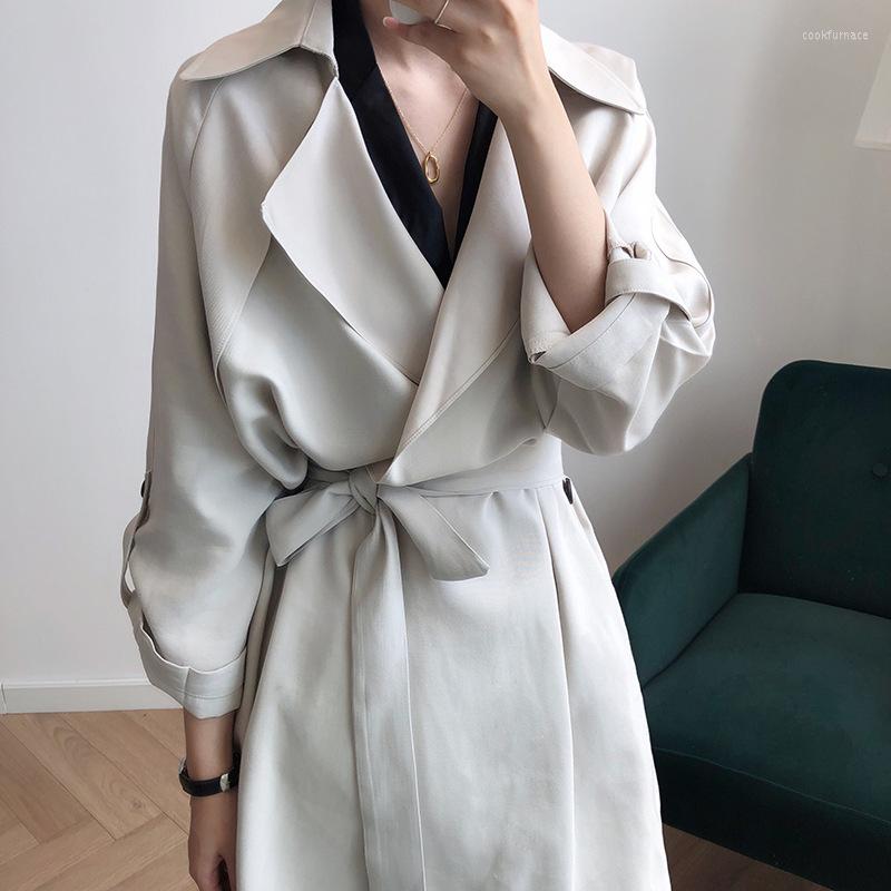 

Women's Trench Coats Women's Coat Mid-Length Solid Color Turn-Down Collar Outerwear With Belt Casual Loose Elegant Windbreaker
