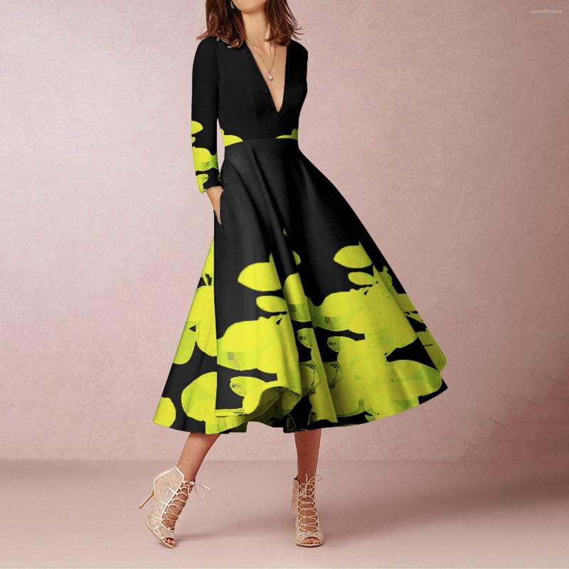 

Casual Dresses Elegant Deep V Neck Dress Women's Long Sleeve Slimming Waist Temperament Train Formal Occasion With Pockets, Black