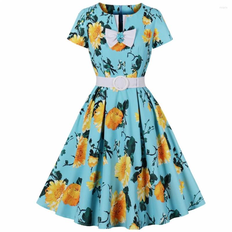 

Casual Dresses Women Pin Up Flower Party Dress 2023 Summer Short Sleeve Retro Robe 60s 50s Vintage Rockabilly Swing Vestidos, Blue
