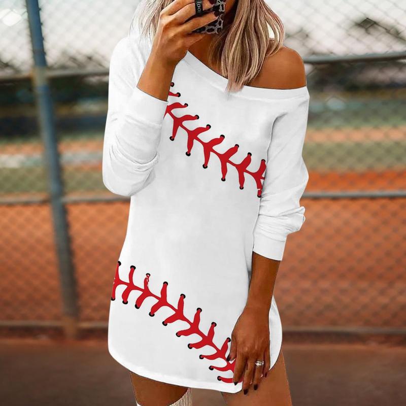 

Casual Dresses One Shoulder Sweatershirts Dress Women Baseball Pattern Long Sleeve Crewneck Lightweight Midi Loose Fit Vestidos, White