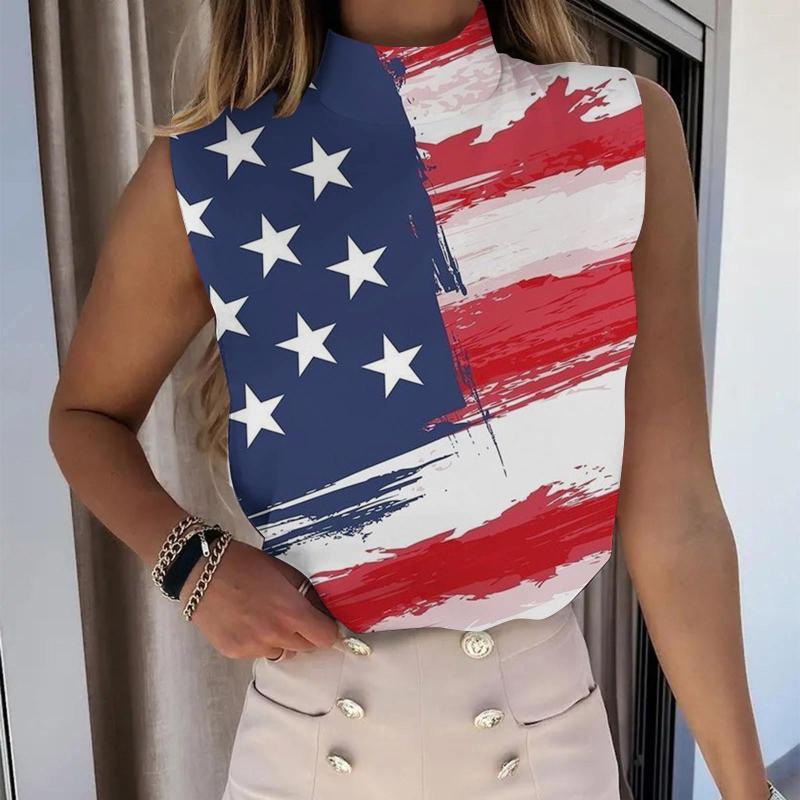 

Women' Tanks Feminine Day Independence Elegant Tank Blouse Women Blouses Blusas Print Shirts Turtleneck Sleeveless Camisas Top, Black