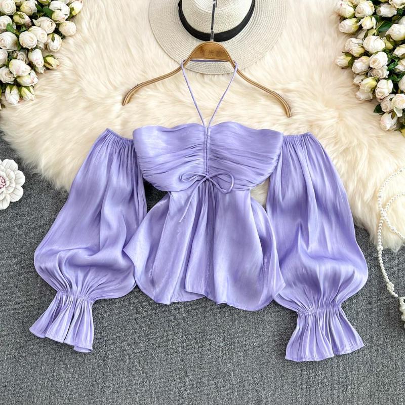 

Women's T Shirts Girl Sexy Hanging Neck Off Shoulder Shirt Women's Spring 2023 French Vintage Bubble Sleeve Pleated Top, Blue