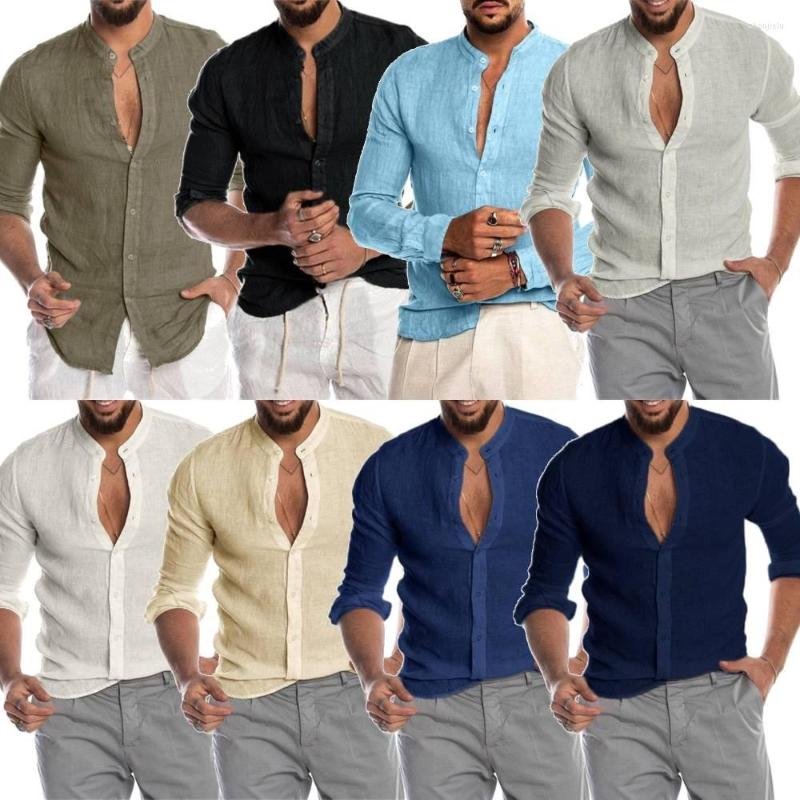 

Men's Casual Shirts Cotton Linen Long-Sleeve Summer Solid Color Stand-Up Collar Beach Tshirt Breathable Linho Blouse Mens Apparel, Green