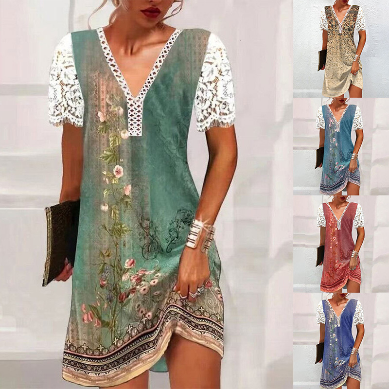 

Party Dresses Elegant Vintage Print Womens Summer Casual Lace Stitching Vneck Shortsleeved Pullover Fashion Sundress 230508, Blue