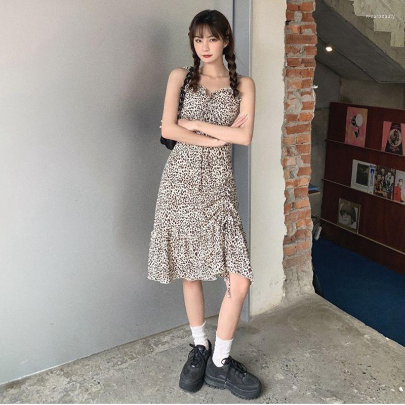 

Casual Dresses 2023 Dress With Waist Retracting Bubble Texture Leopard Pattern Suspenders Can Be Overlapped, Black