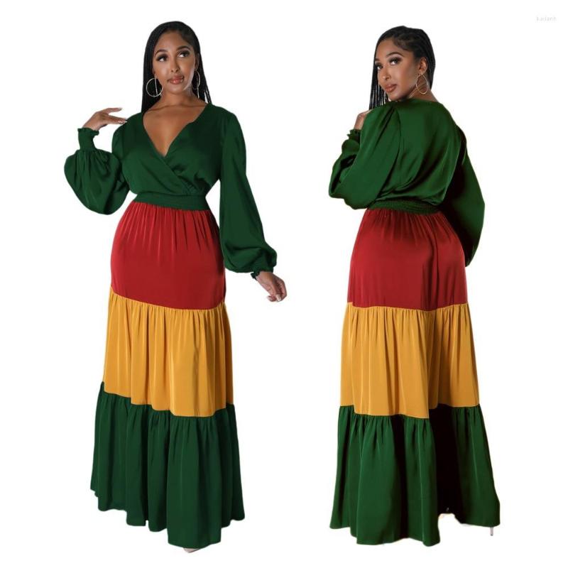 

Ethnic Clothing 2023 African Dresses For Women Autumn Long Sleeve V-neck Print Geometric Patchwork Clothes Plus Size Christmas Robe